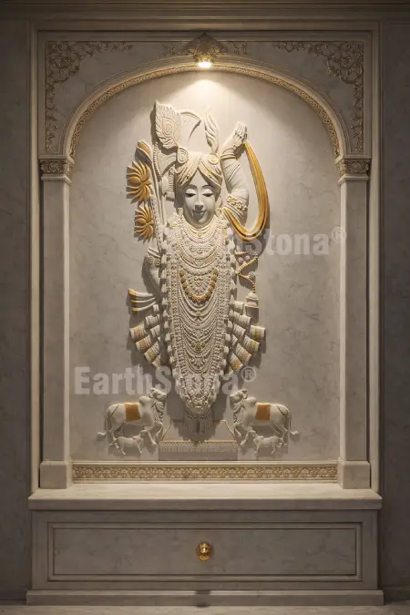 Shreenathji sandstone mural, white stone wall carving, Krishna wall art for mandir, luxury temple wall design, stone wall mural India